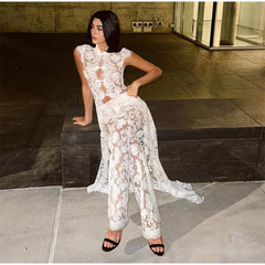 White Sleeveless Mock Neck Lace Long Slit Top And Pants Set