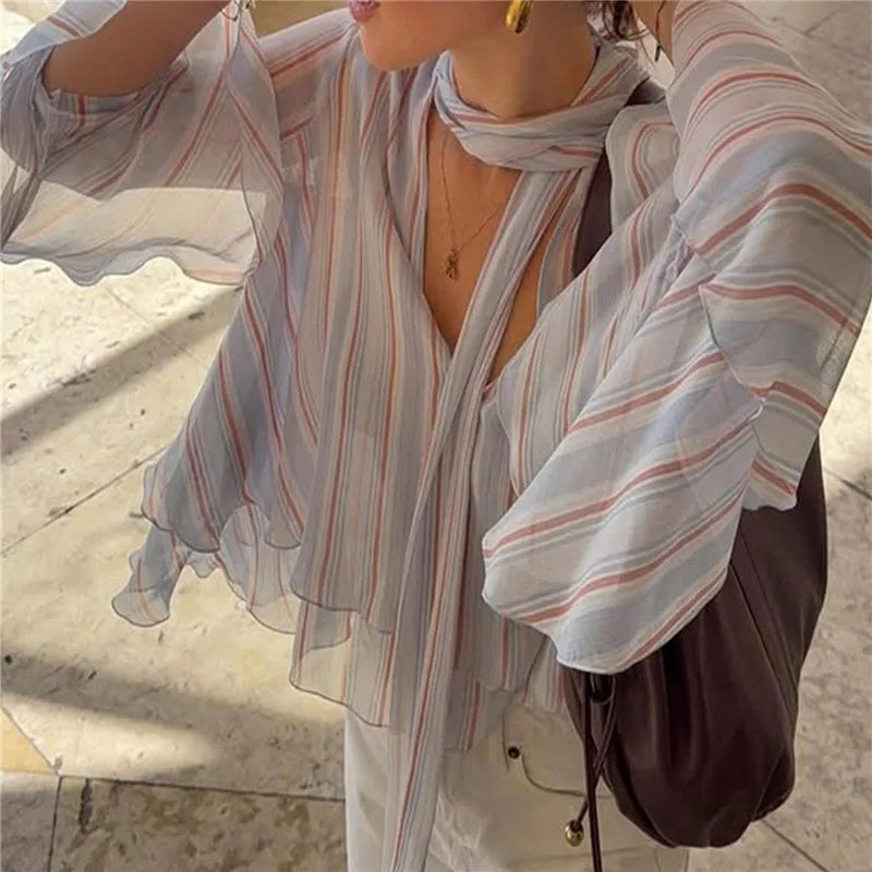 Striped V-neck Flare Sleeve Top