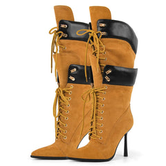 Pointed Toe Lace Up Mid Calf Boots