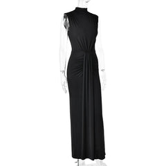Mock Neck Sleeveless Ruched Detailing Maxi Dress