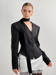 Padded Shoulder V-Neck Blazer With Scarf