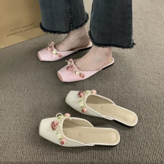 Square Toe Silk Flower Flat Slip on Low Heel Shoes