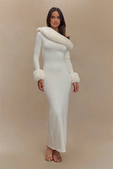 white fur cuff knit maxi dress for evening wear
