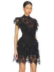 Black lace mini dress with high neckline and ruffle sleeves, side view