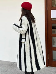 Color Block Striped Thick Woolen Coat Women Outerwear 