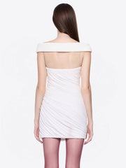 White Slash Neck Ruched Bodycon Mini Dress