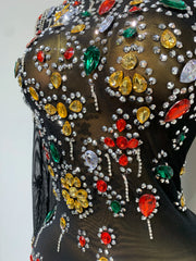 High Neck Mesh Full Sleeve Crystal Embellished Bodycon Mini Dress