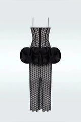 Black Geometric Lace Bodycon Midi Dress