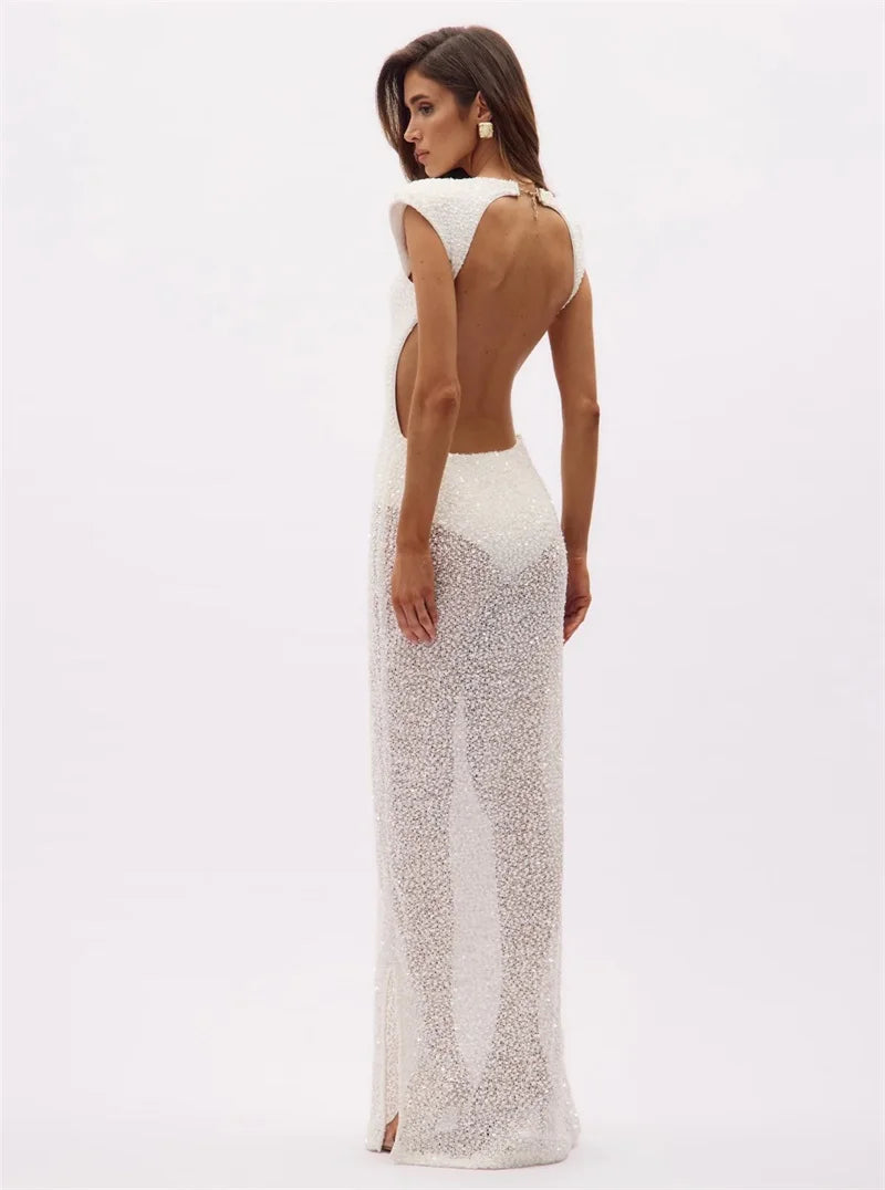 white and gold backless dress Backless Beaded Starburst Short Party Dress