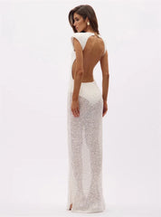 White Sequined Backless Gown Dress