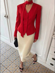 Padded Shoulder V-Neck Blazer With Scarf