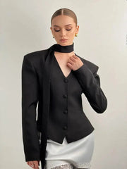 Padded Shoulder V-Neck Blazer With Scarf