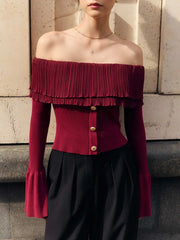  Woman wearing an Off-Shoulder Knitted Flare Sleeve Top