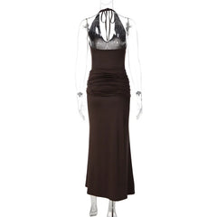 Brown Ruched  Waist Metal Buckle Halter Neck Maxi Dress