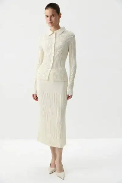 Cream ribbed knit polo top and midi skirt