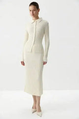 Cream ribbed knit polo top and midi skirt