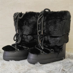 Middle Calf Lace-up Waterproof Black Snow Boots