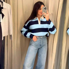 Striped Polo Collar Knit Top