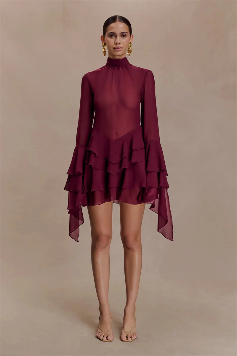 Sheer ruffle turtleneck mini dress full body front view with shoes