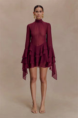 Sheer ruffle turtleneck mini dress full body front view with shoes