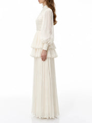 Stand collar lantern sleeve maxi dress side view
