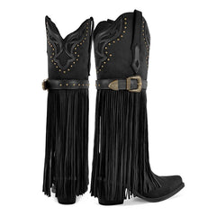 Denim Fringe Chunky Heel Boots