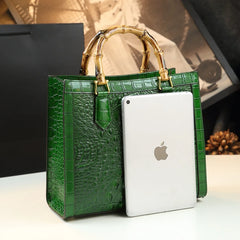 Leather Bamboo Crocodile Pattern Messenger Bags  Green,  Golden Atelier 4