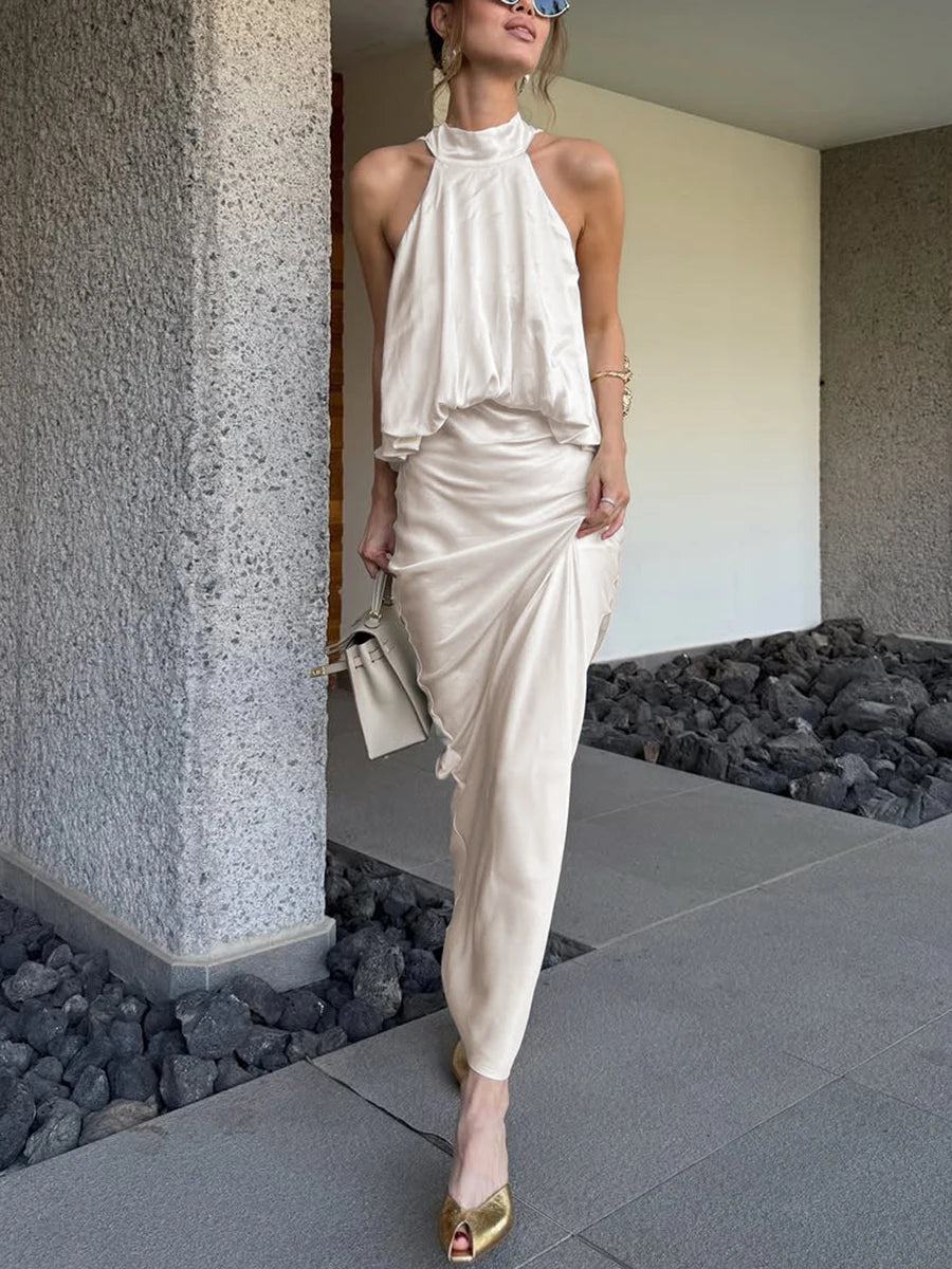 Halter neck solid maxi dress with draped waist