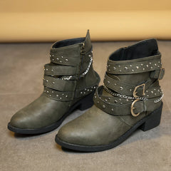 Close-up of a Golden Atelier goth punk PU leather cowboy ankle boot, highlighting the unique details and buckle accents. 3 Green