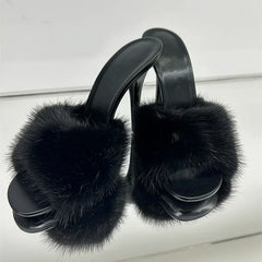 Faux Fur Slide High Heel Mules