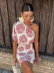 Flower Printed One Shoulder Bodycon Pink Short Dress