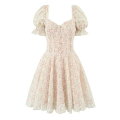 Floral dress with puff sleeves on a white background