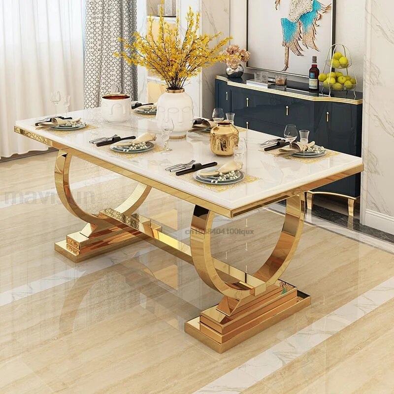Marble Gold Plated Stainless Steel Frame Dining Table Chairs