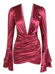 Red satin dress with long sleeves on a white background