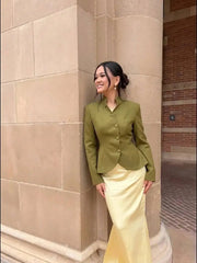 Stand Collar Peplum Hem Diagonal Buttoned Blazer