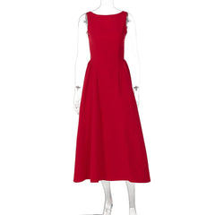  Close-up of a red sleeveless A-line midi dress, highlighting the smooth fabric and flattering silhouette. 4