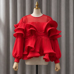 Ruffled Lantern Sleeve Sheer Blouse