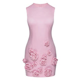 Women's Pink 3D Flower Sleeveless Round Neck Mini Dress