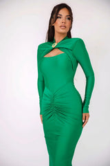 Long Sleeved Pleated Hollowed Out Maxi Dress