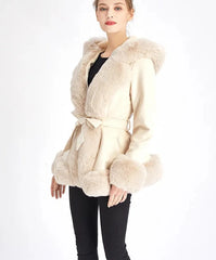  Golden Atelier Women's Faux Fur Hood Suede Coat with Belt Beige Two