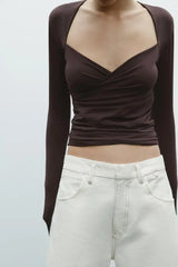 Long Sleeve V-neck Sold Drape Top