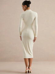 Long Sleeve Ruched Slit Turtleneck Midi Dress
