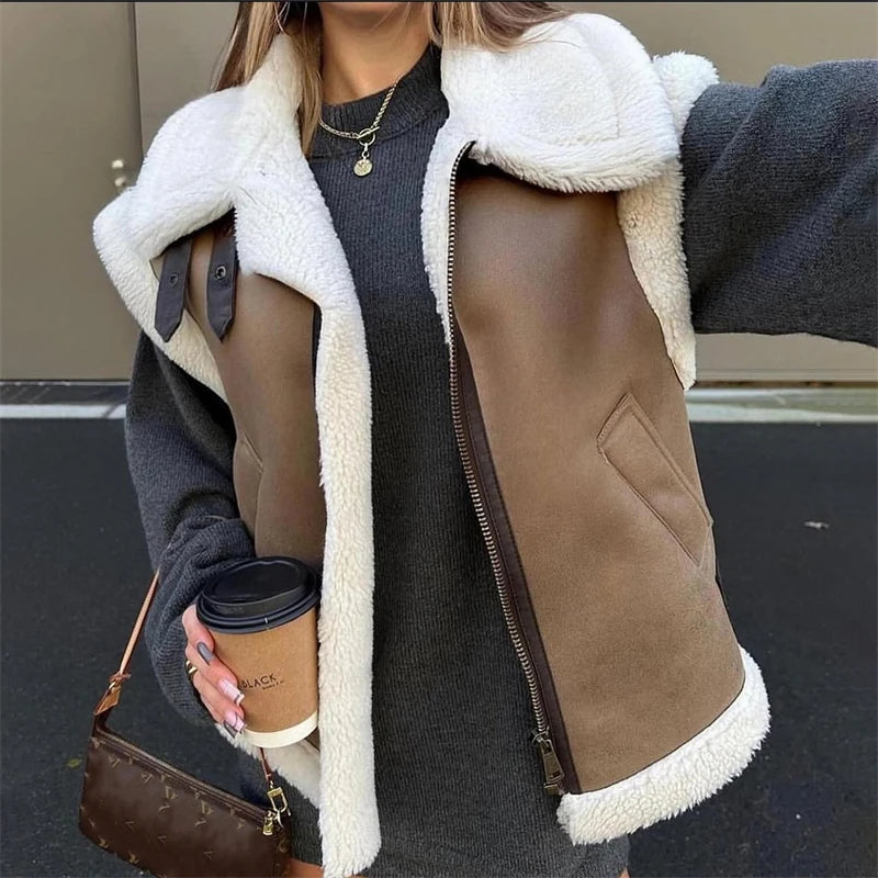 Person wearing a brown shearling jacket with white fur trim, holding a coffee cup.