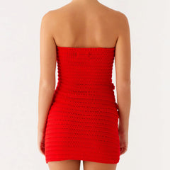 Red strapless dress on a white background