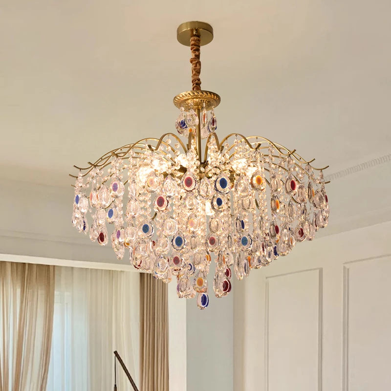 Gold-plated multicoloured crystal pendant chandelier illuminatingan  elegant living room