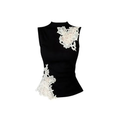 Mock neck lace patchwork tank top back view