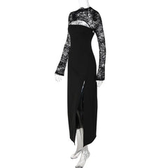 Mock Neck Lace Sheer Long Sleeve Maxi Dress