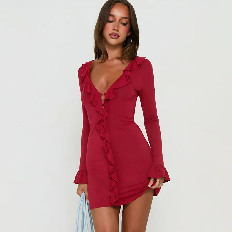 Red long sleeve ruffle V-neck mini dress front detail