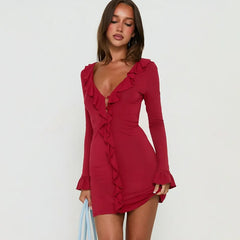 Red long sleeve ruffle V-neck mini dress front detail