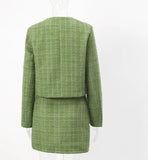 Tweed O-neck Long Sleeve Heart Button Mini Skirt Suit